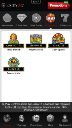 Play progressive jackpots games on the Lucky247 Casino iOS App