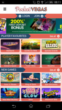 Play mobile slots at Pocket Vegas Mobile Casino