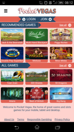 Play online casino games at Pocket Vegas Mobile Casino