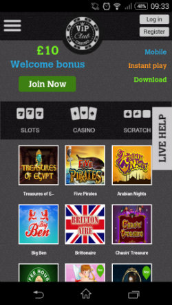 Play online casino games at VIP Club Mobile Casino