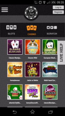 Play online Blackjack, Roulette and video poker at VIP Club Mobile Casino