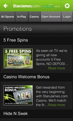 Stan James Mobile Casino offers casino games including blackjack and roulette plus sports betting on the go