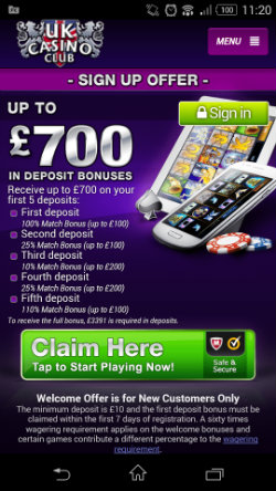 Get casino bonuses at UK Casino Club Mobile