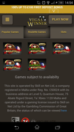 Play online Roulette at Vegas Winner Mobile Casino