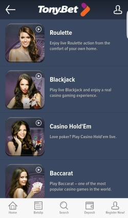 TonyBet Casino Android App | Play live Roulette and Live Blackjack on your mobile device