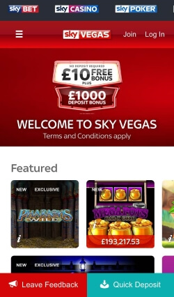 Sky Vegas Mobile App | Get £10 free no deposit bonus