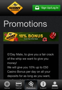 GDay Mobile Casino | Get a 100% cash macth bonus on your first deposit