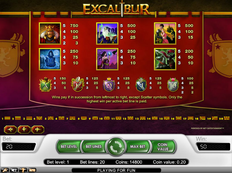 Excalibur - paytable