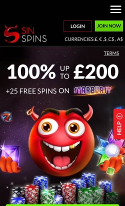 Sin Spins Mobile Casino | Get up to £200 free casino bonus