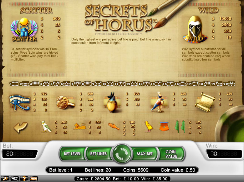 Secrets of Horus - Paytable