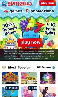 Spinzilla Mobile Casino ! Get a £5 free casino bonus